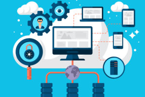 Illustration of cloud computing and cybersecurity, featuring a central computer connected to servers-cloud phone systems