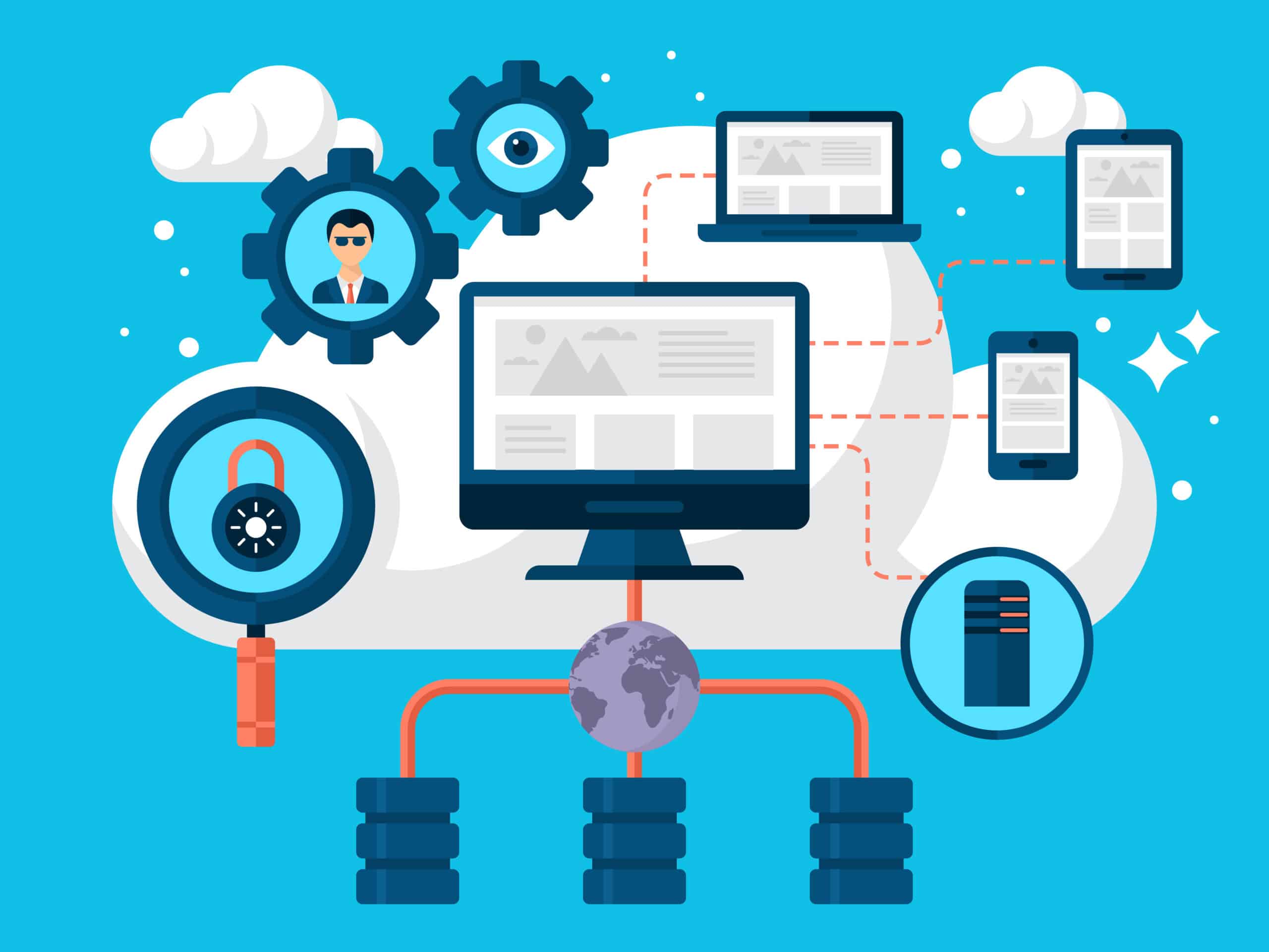 Illustration of cloud computing and cybersecurity, featuring a central computer connected to servers-cloud phone systems