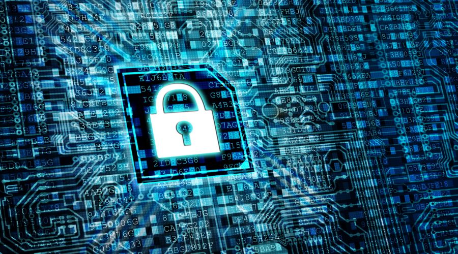 glowing padlock over digital circuit board and encrypted code background-cybersecurity awareness