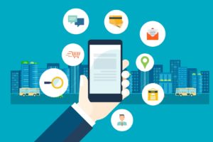 Illustration of a hand holding a smartphone with multiple digital service icons - mobile device management