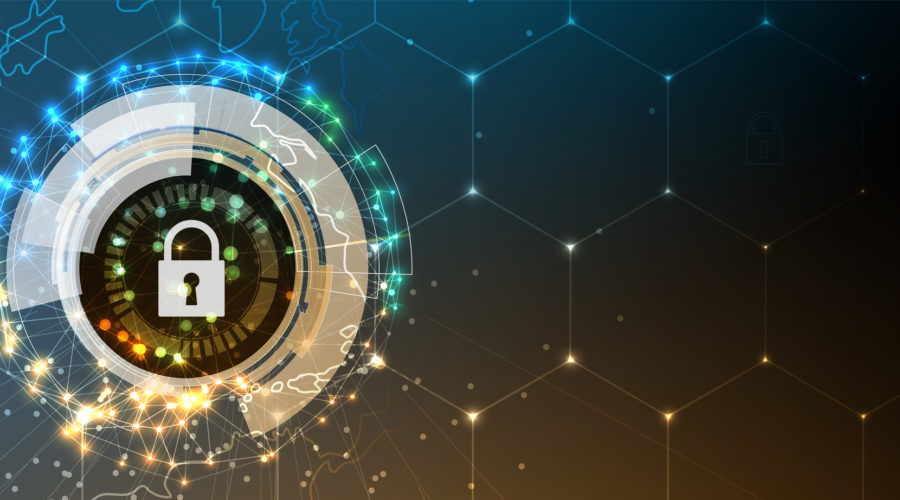 A digital cybersecurity concept featuring a secure lock icon surrounded by a futuristic network-network security checks