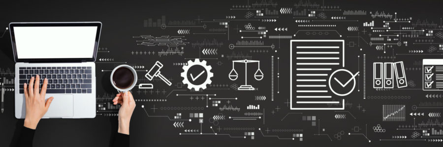 person working on a laptop with a magnifying glass in hand, set against a dark background filled with digital graphics - what is it audit