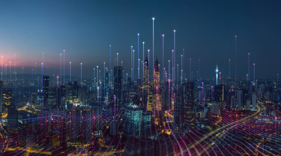 City skyline with glowing digital data lines-endpoint security