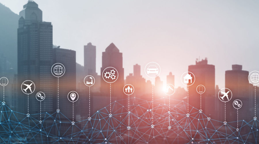 A modern city skyline at sunrise with a digital network overlay-msps near me
