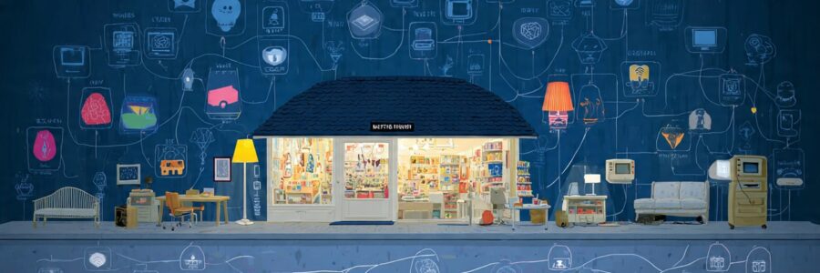 A colorful, flat-style illustration showing a small business surrounded by IoT icons: smart lights, connected POS systems, cloud storage, security endpoints, mobile apps, and automation tools. Lines and nodes linking each device, representing the Internet of Things. Friendly, modern, professional infographic feel suitable for a business technology blog.