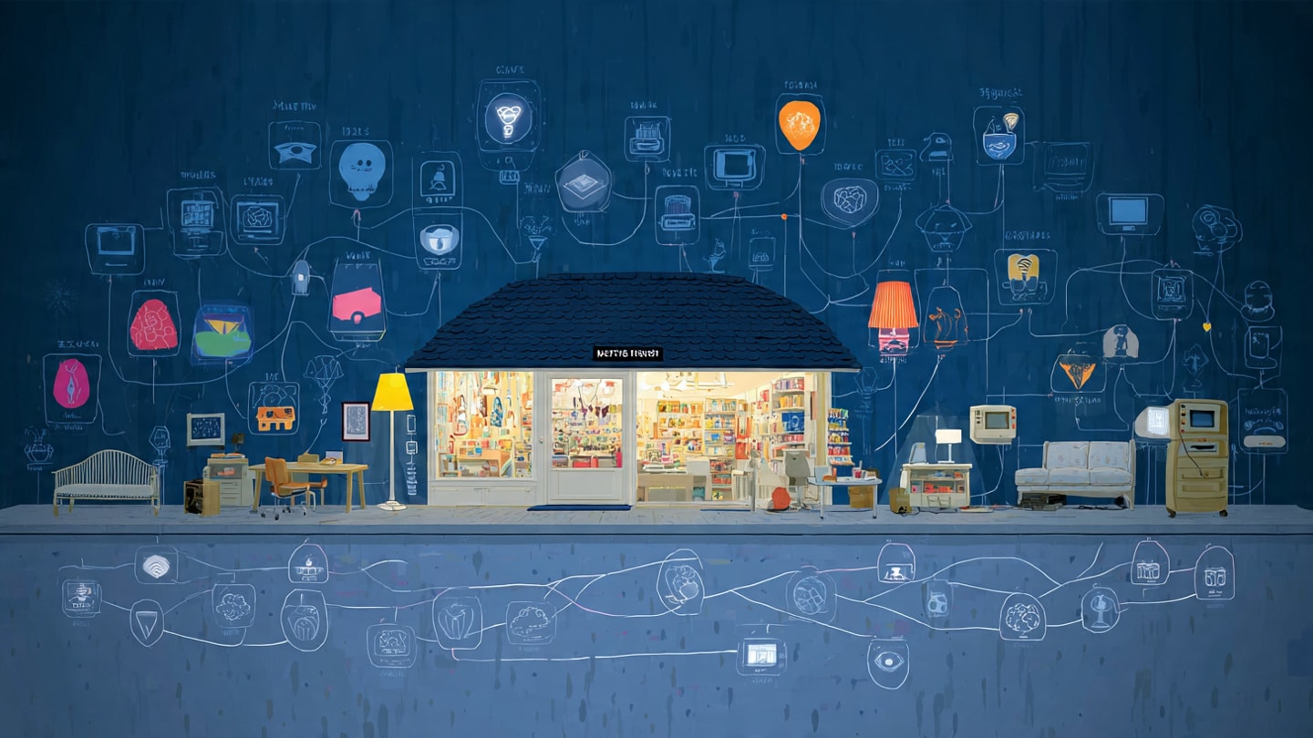 A colorful, flat-style illustration showing a small business surrounded by IoT icons: smart lights, connected POS systems, cloud storage, security endpoints, mobile apps, and automation tools. Lines and nodes linking each device, representing the Internet of Things. Friendly, modern, professional infographic feel suitable for a business technology blog.