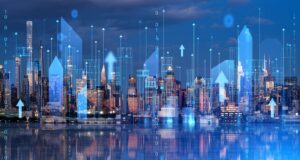 Futuristic city skyline with digital upward arrows and data visualization-ai for smbs