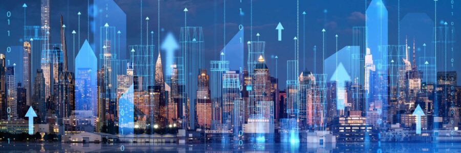 Futuristic city skyline with digital upward arrows and data visualization-ai for smbs
