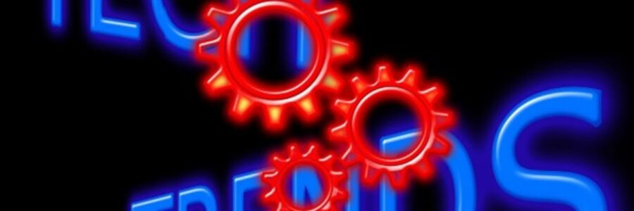 featuring glowing red gears and blue text reading Tech Trends-Technology trends