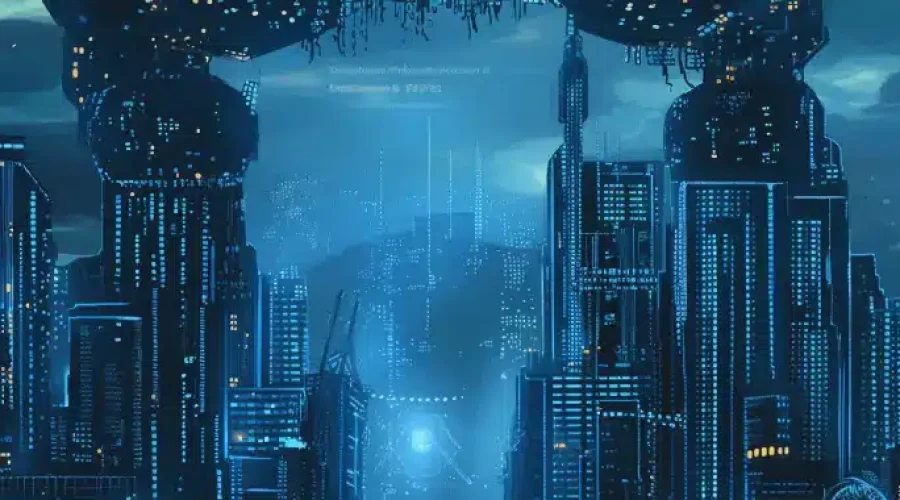 Futuristic cyberpunk cityscape illuminated with blue and orange lights-Cybersecurity