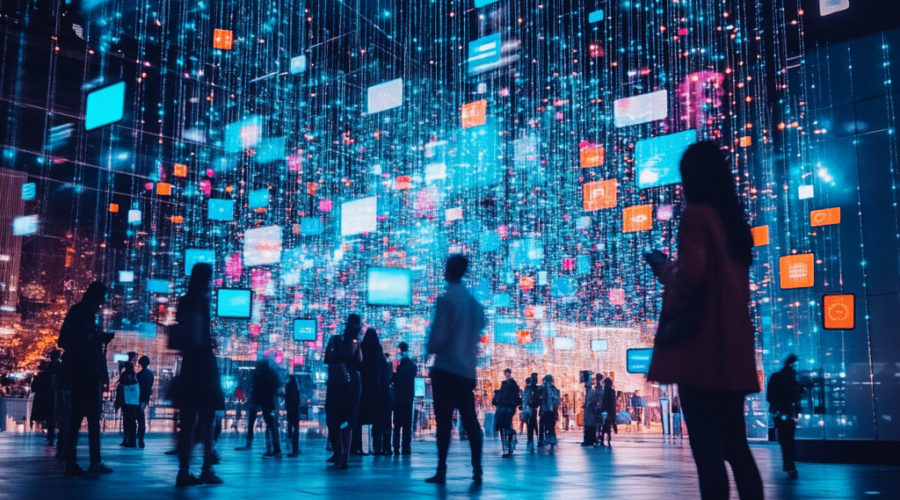 busy people using cellphone with digital rays - online customer engagement strategy